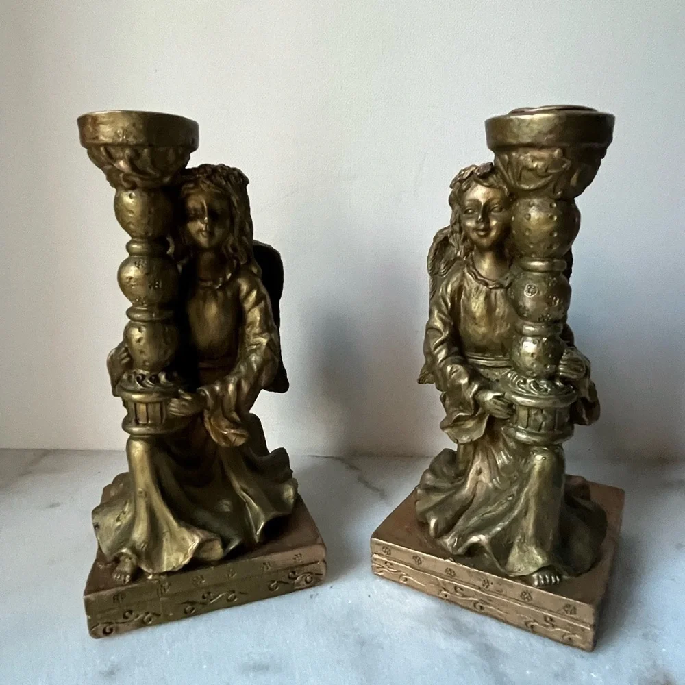 Classics Pair Vintage Angels Carved Candlestick Holders